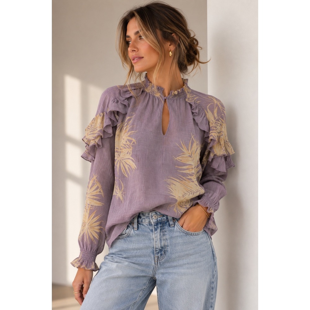Yaya Women Purple Palm Print Ruffle Blouse Smocked Neck Keyhole Top Size 34 EU